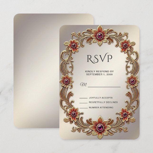 Gold Floral Frame with Red Stones RSVP Card (Front/Back)