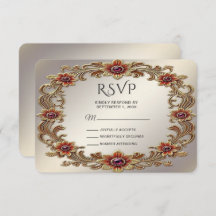 Gold Floral Frame with Red Stones RSVP Card