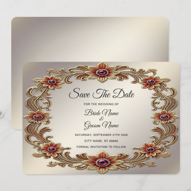 Gold Floral Frame with Red Stones Save The Date (Front/Back)