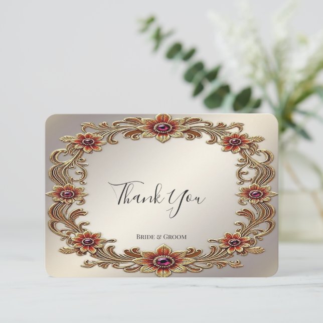 Gold Floral Frame with Red Stones Thank You Card (Standing Front)