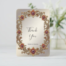 Gold Floral Frame with Red Stones Thank You Card