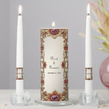 Gold Floral Frame with Red Stones Unity Candle Set