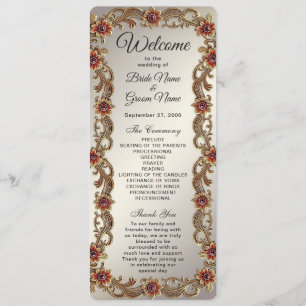 Gold Floral Frame with Red Stones Wedding Program