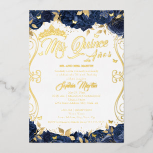 Gold Floral Garden Navy Mis Quince Quinceanera Foil Invitation