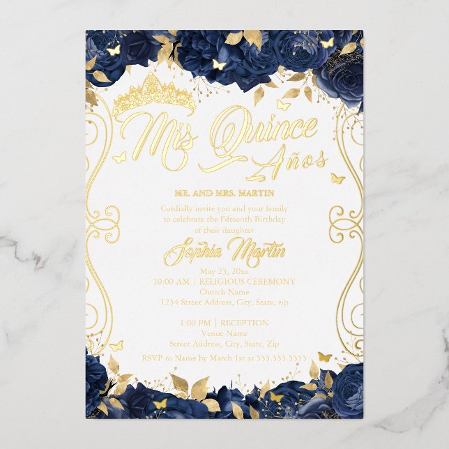 Gold Floral Garden Navy Mis Quince Quinceanera  Foil Invitation (Front)