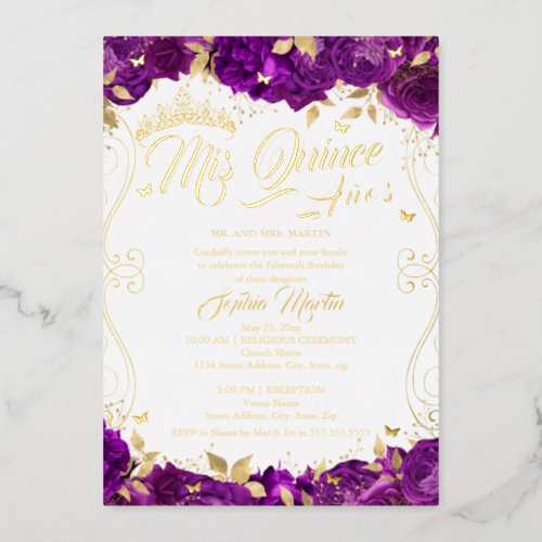 Gold Floral Garden Purple Mis Quince Quinceanera  Foil Invitation