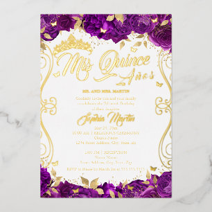 Gold Floral Garden Purple Mis Quince Quinceanera  Foil Invitation