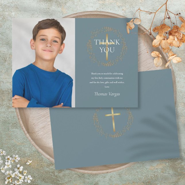 Gold Floral Garland  First Holy Communion Photo Thank You Card (Gold Floral Garland First Holy Communion Photo Thank You Card)