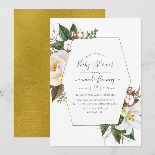 Gold Floral Geometric Baby Shower Invitation (Front/Back)
