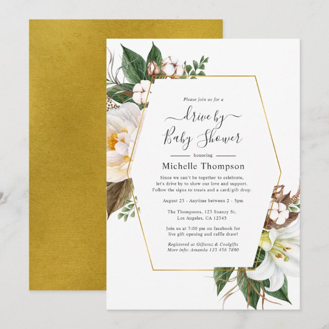 Gold Floral Geometric Drive By Shower Invitation (Front/Back)