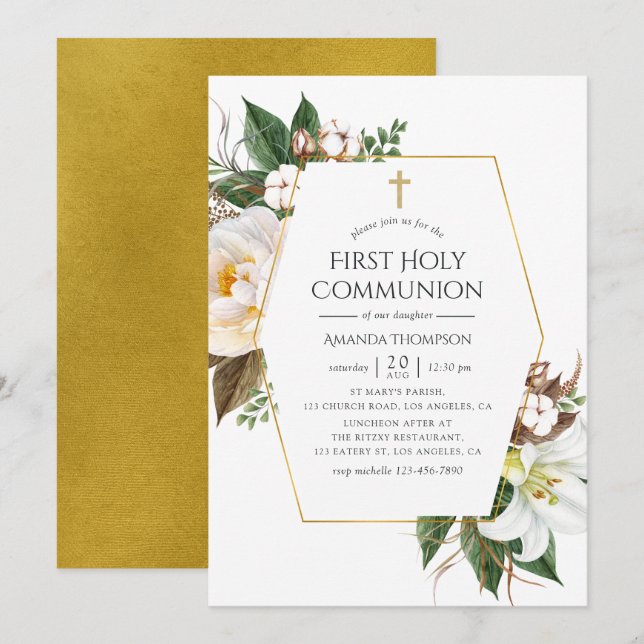 Gold Floral Geometric First Holy Communion Invitation (Front/Back)