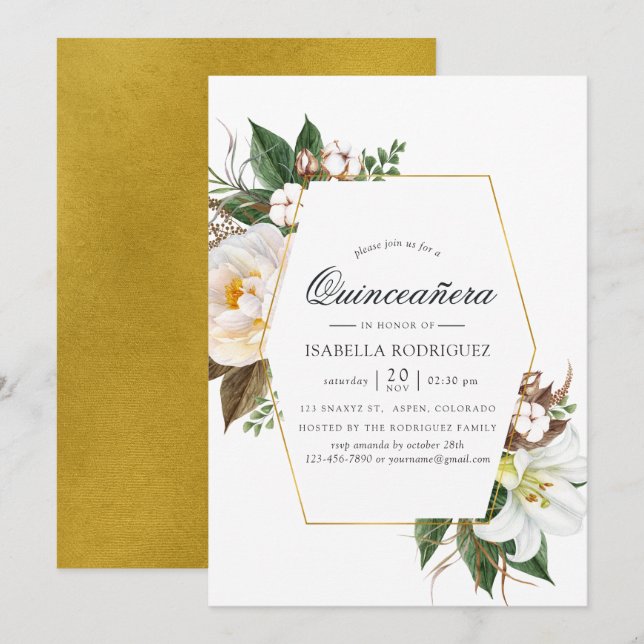 Gold Floral Geometric Quinceañera Invitation (Front/Back)