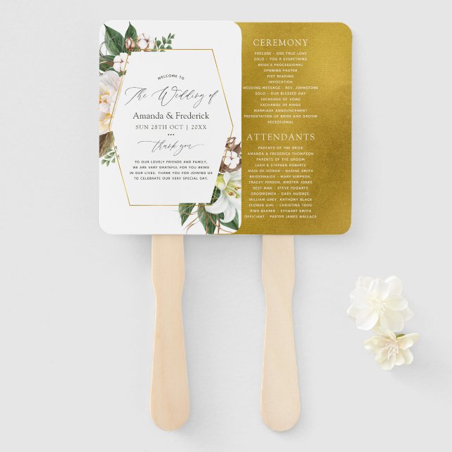 Gold Floral Geometric Wedding Program Hand Fan (Front and Back)