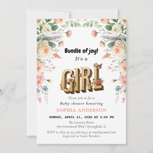 Gold Floral Girl Baby Shower Invitation