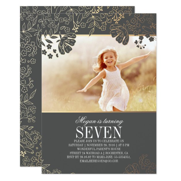 Gold Floral Girl Photo Birthday Party Invitation