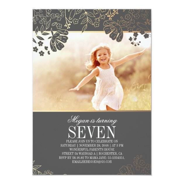 Gold Floral Girl Photo Birthday Party Invitation