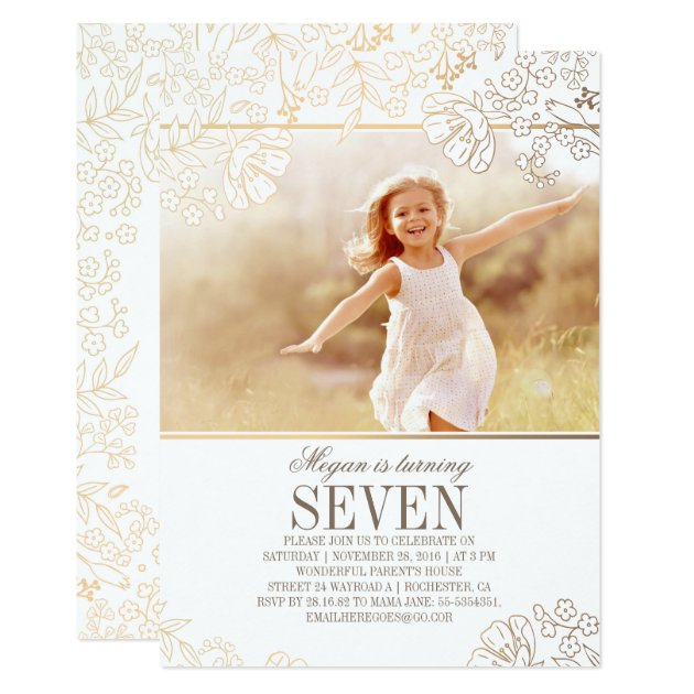 Gold Floral Girl Photo Birthday Party Invitation