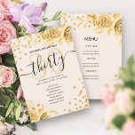 Gold Floral Glitter 30th Birthday Menu & Programs<br><div class="desc">Elegant Glam Gold Floral Glitter 30th Birthday Script template featuring party program and menu text,  flower arrangements,  glitter confetti and modern typography script.</div>