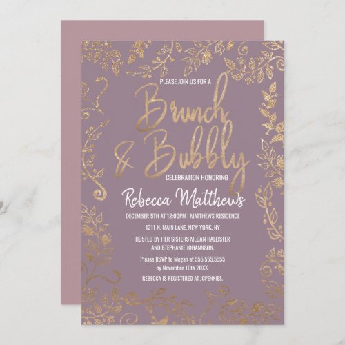 Gold Floral Glitter Mauve Lilac Brunch Bubbly Invitation