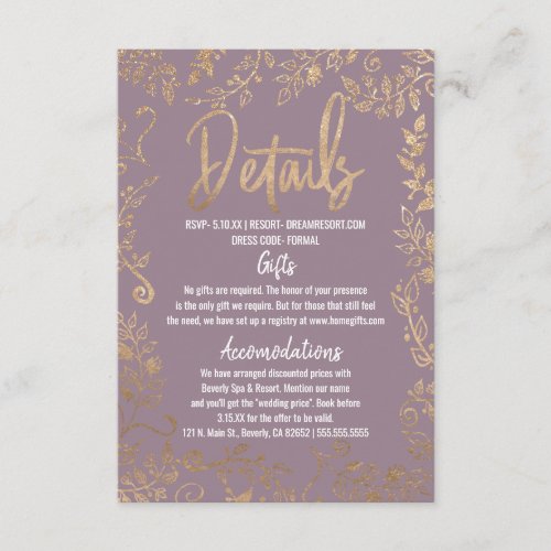 Gold Floral Glitter Ombre Mauve Lilac Details Enclosure Card