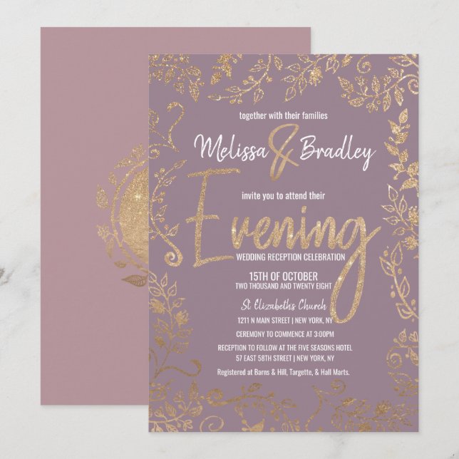 Gold Floral Glitter Ombre Mauve Lilac Evening Invitation (Front/Back)