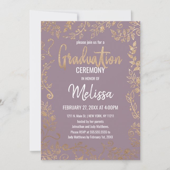 Gold Floral Glitter Ombre Mauve Lilac Graduation Invitation (Front)