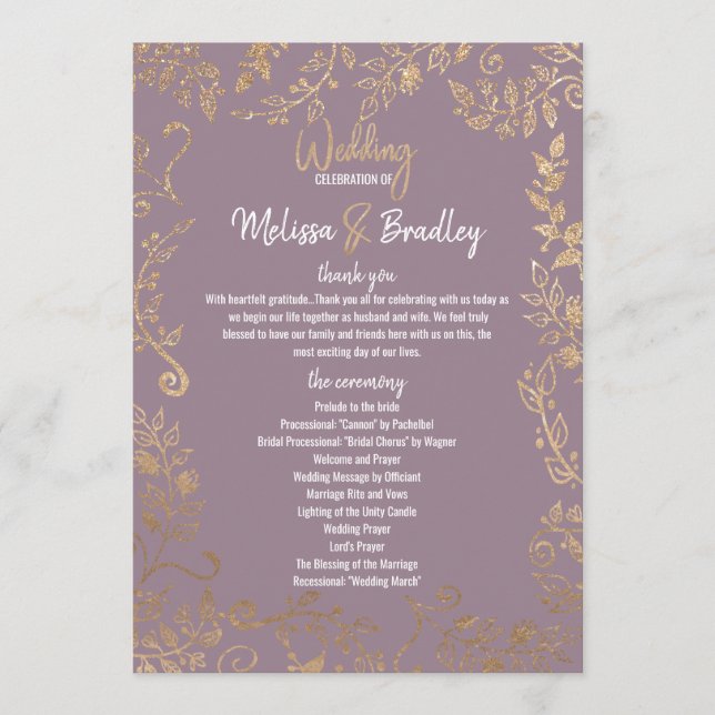 Gold Floral Glitter Ombre Mauve Lilac Programs (Front)