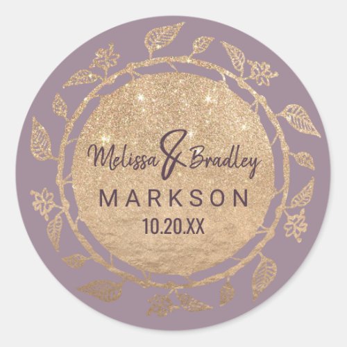 Gold Floral Glitter Ombre Mauve Lilac Wedding Classic Round Sticker
