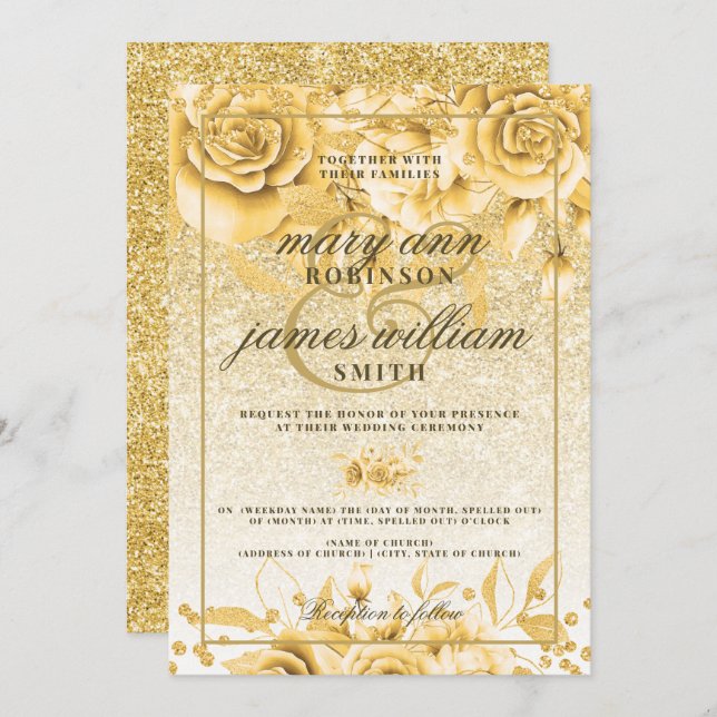 Gold Floral Glitter Sparkle Elegant Glam Wedding Invitation (Front/Back)