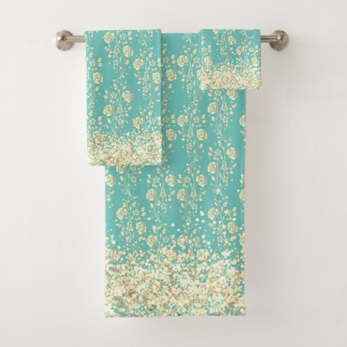 Gold Floral Glittery Glam Bath Towel Set
