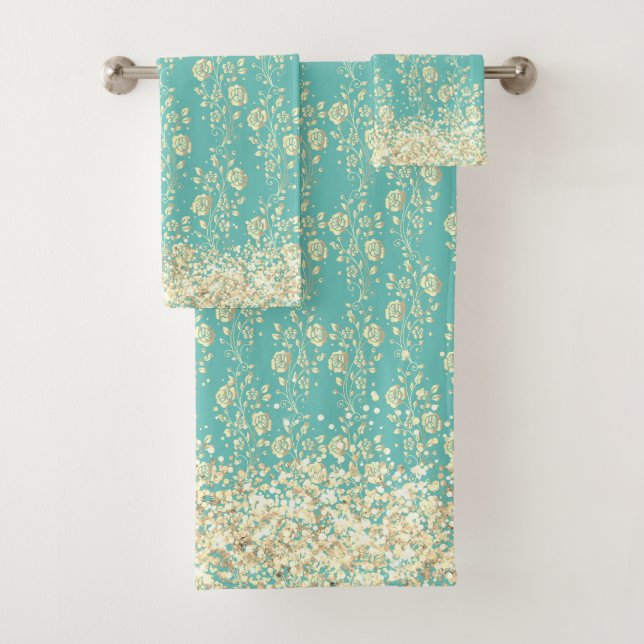 Gold Floral Glittery Glam Bath Towel Set (Insitu)