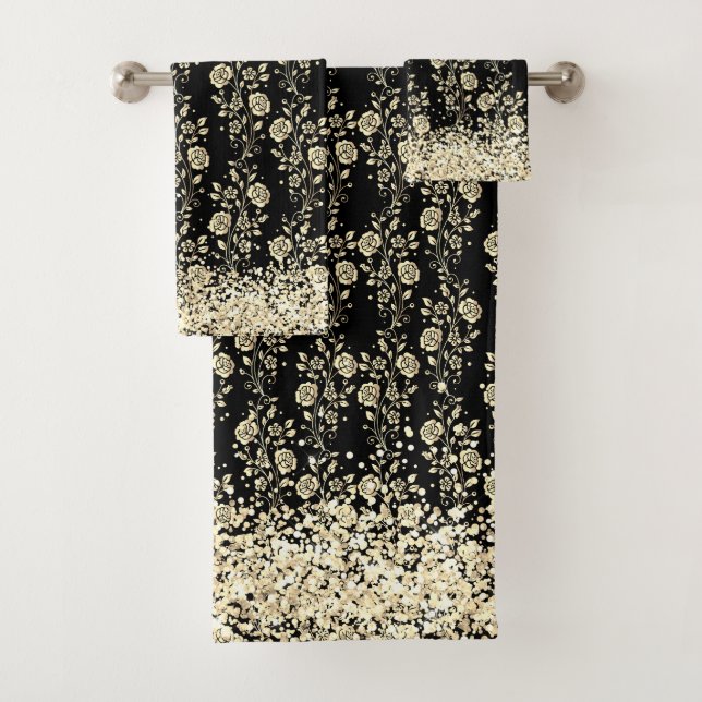 Gold Floral Glittery Glam Bath Towel Set (Insitu)