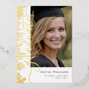Gold Floral Graduate Photo Graduation Party Foil Invitation