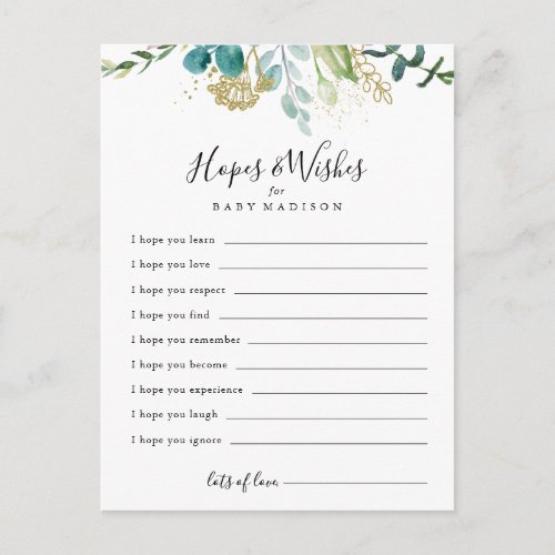 Gold Floral Green Baby Shower Hopes  Wishes Card