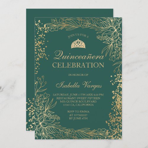 Gold floral green Tiara chic Quinceaera Invitation