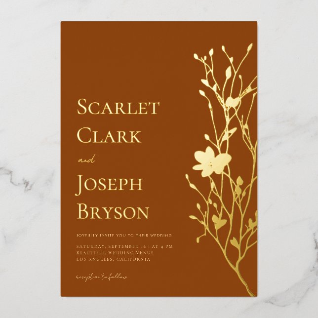 Gold Floral Greenery Fall Terracotta Wedding Real Foil Invitation (Front)