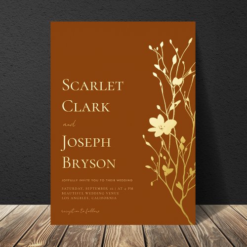 Gold Floral Greenery Fall Terracotta Wedding Real Foil Invitation
