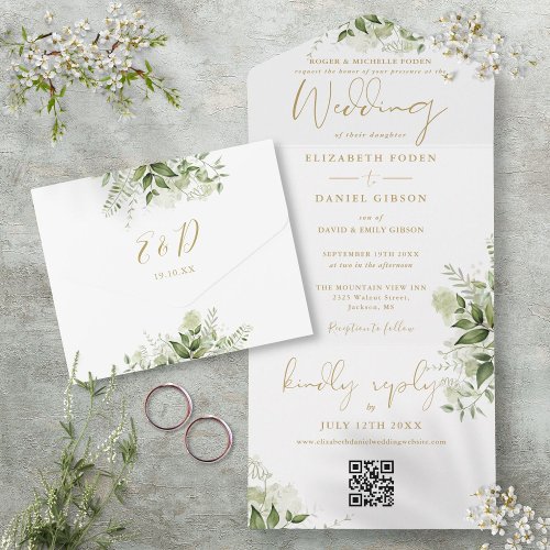 Gold Floral Greenery QR Code Formal Wedding All In One Invitation