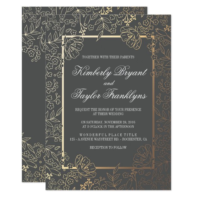 Gold Floral Grey Vintage Wedding Invitation
