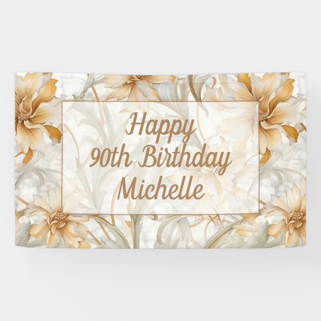 Gold Floral Happy 90th Birthday  Banner (Horizontal)
