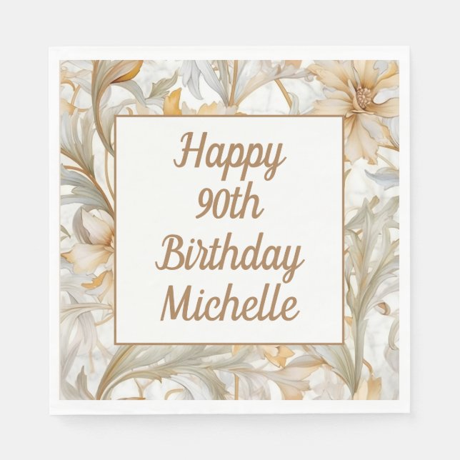 Gold Floral Happy 90th Birthday  Napkins (Front)