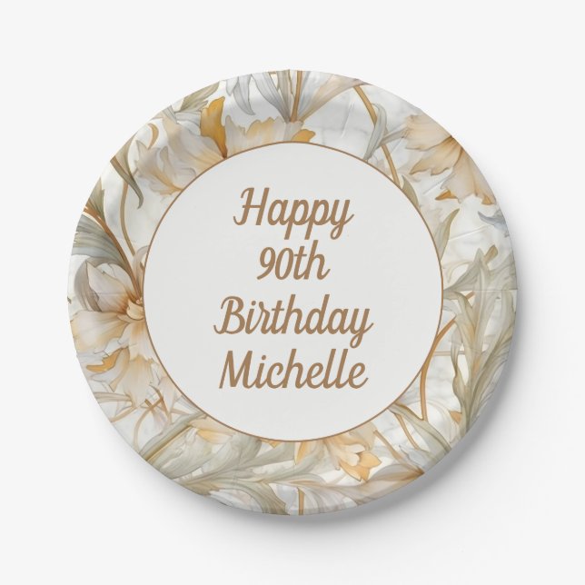 Gold Floral Happy 90th Birthday  Paper Plates (Front)
