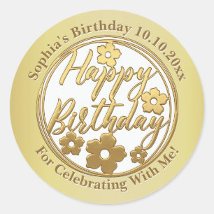 Gold Floral Happy Birthday I Custom Name & Date Classic Round Sticker