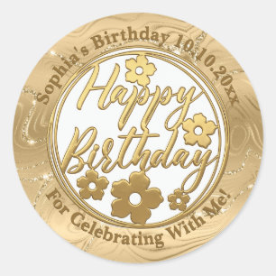 Gold Floral Happy Birthday I Custom Name & Date Classic Round Sticker