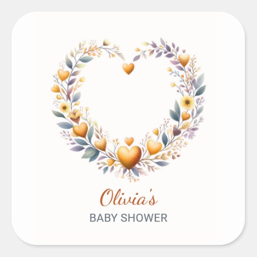 Gold Floral Heart Baby Shower Invitation Square Sticker