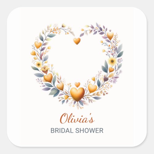 Gold Floral Heart Bridal Shower Invitation Square Sticker