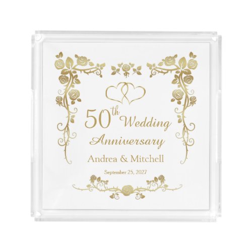 Gold Floral Hearts 50th Wedding Anniversary  Acrylic Tray