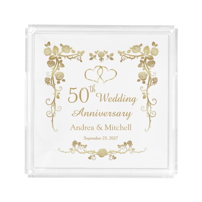Gold Floral Hearts 50th Wedding Anniversary  Acrylic Tray (Front)