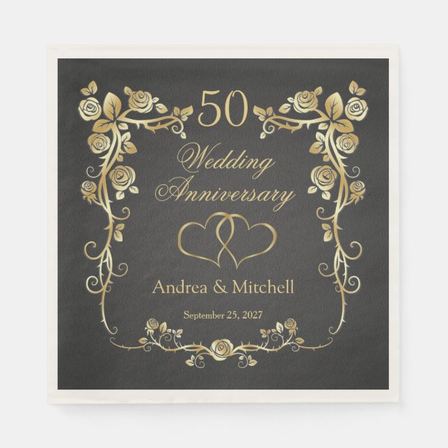 Gold Floral Hearts 50th Wedding Anniversary  Napki Napkins (Front)