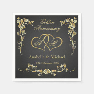 Gold Floral Hearts 50th Wedding Anniversary Napkins